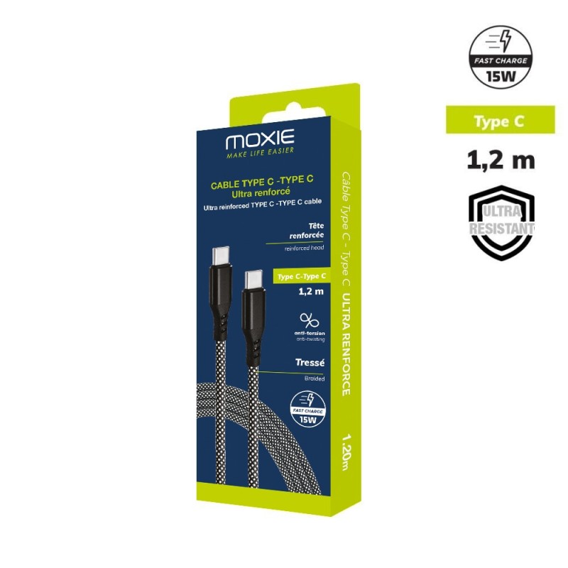 Cable Nylon ultra résistant embouts renforcés Type C /C long 1.2m