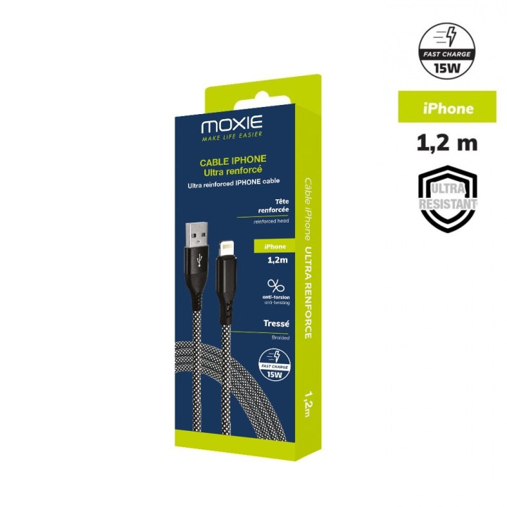 Cable en Nylon ultra résistant embouts renforcés USB-A/Lightning