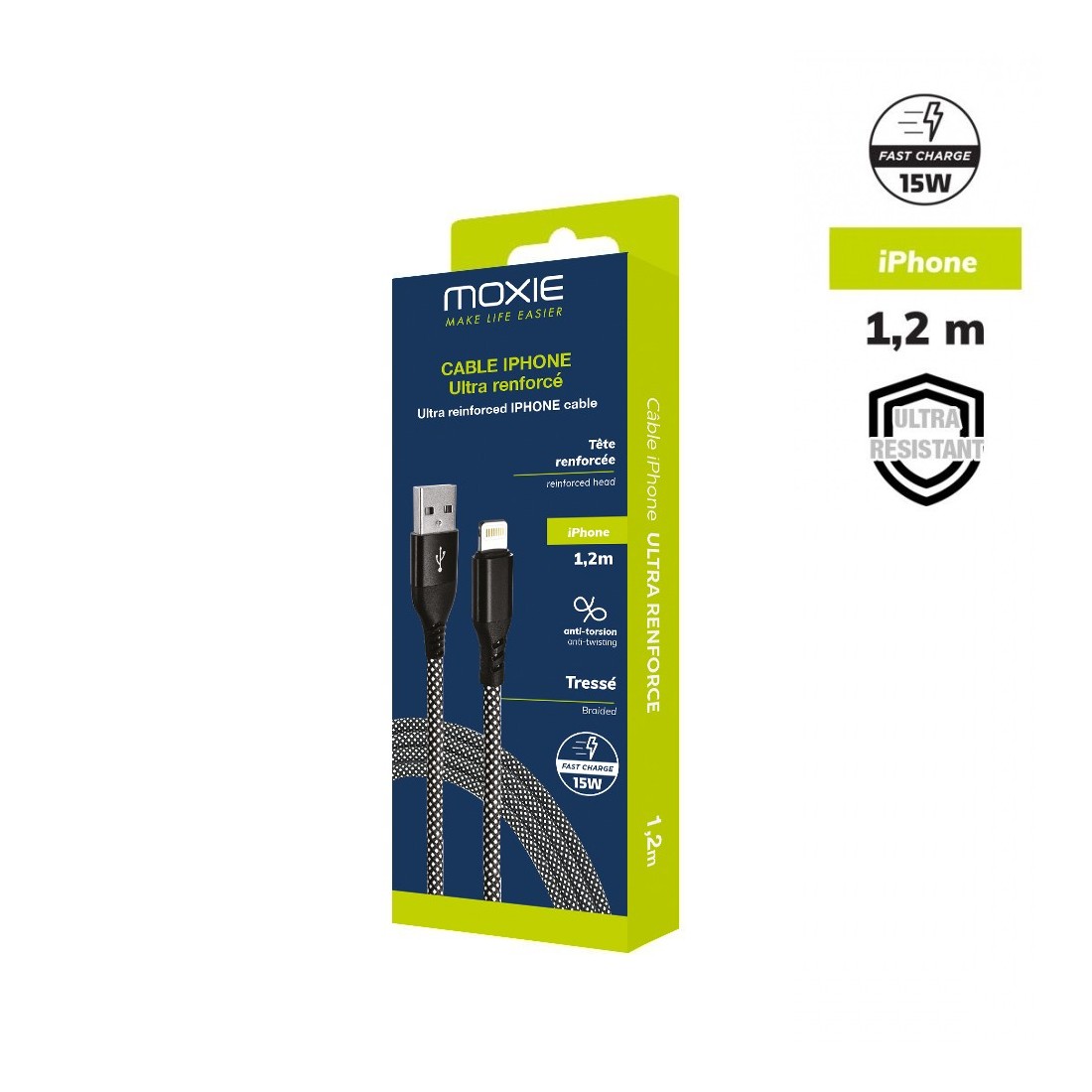 Cable en Nylon ultra résistant embouts renforcés USB-A/Lightning