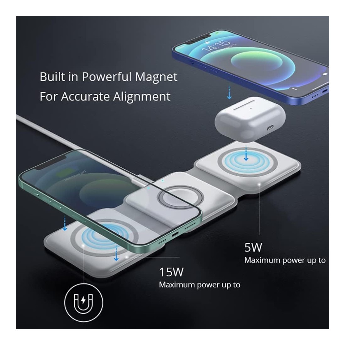 Chargeur sans fil 3 en 1 15W magsafe pour smartphone / Airpods et Apple watch