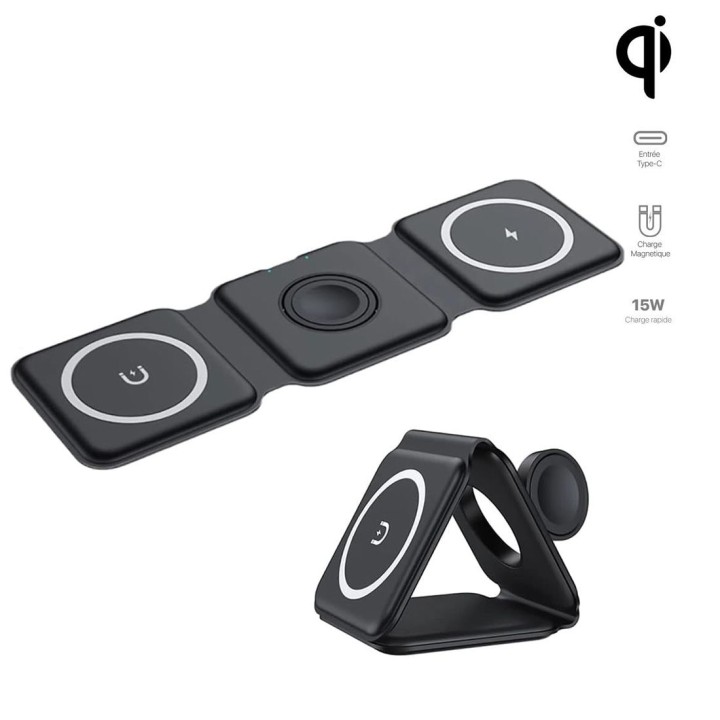 Chargeur sans fil 3 en 1 15W magsafe pour smartphone / Airpods et Apple watch - noir