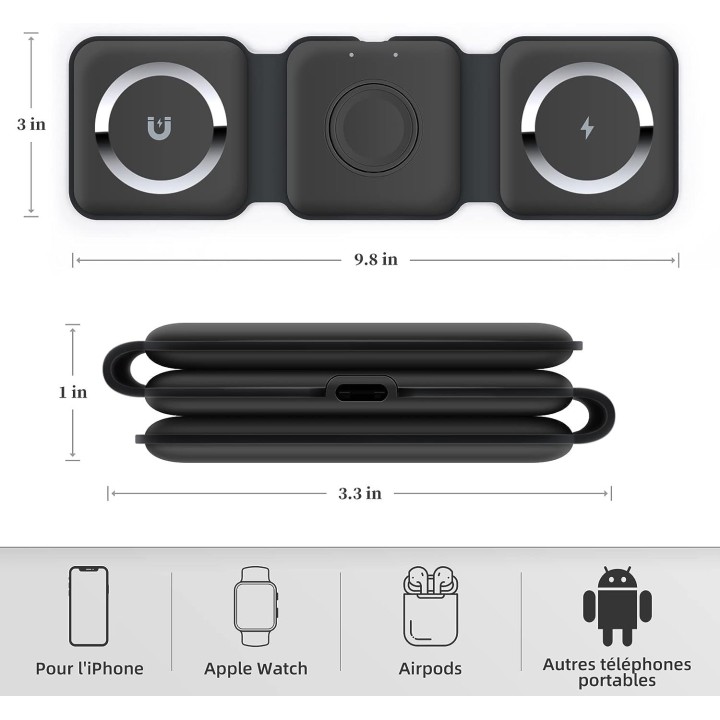 Chargeur sans fil 3 en 1 15W magsafe pour smartphone / Airpods et Apple watch - noir