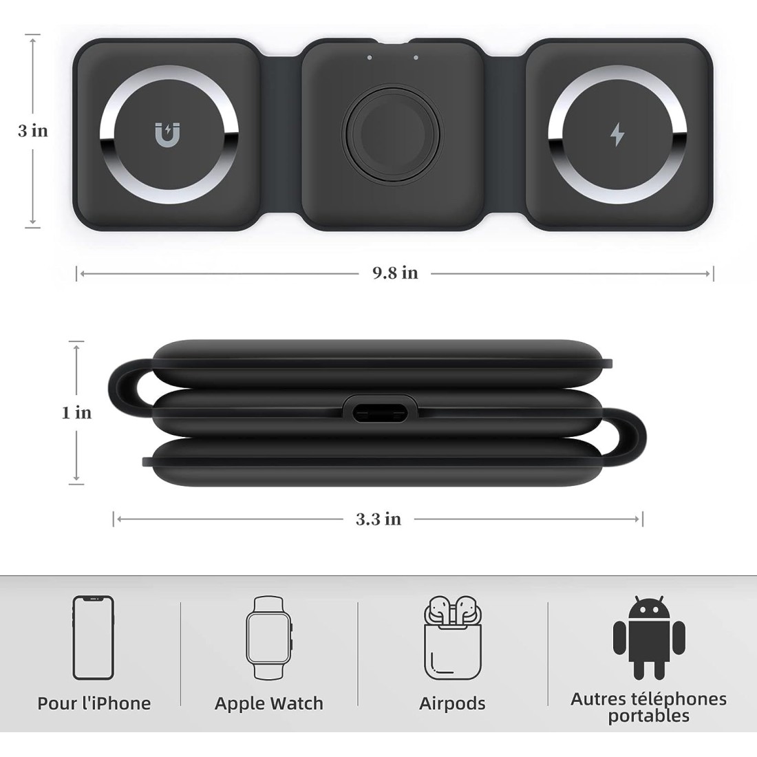 Chargeur sans fil 3 en 1 15W magsafe pour smartphone / Airpods et Apple watch - noir
