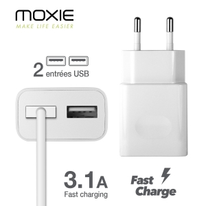 Chargeur Secteur Moxie Duo 3.1A avec 2 Entrées USB supportant la Charge Rapide - Blanc