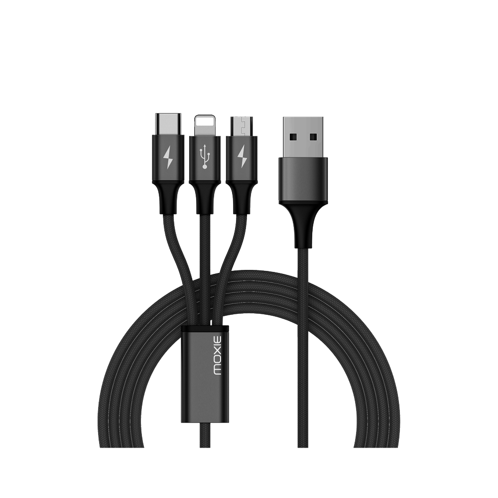 Câble 3 en 1 Moxie Lightning / Micro-USB / USB Type-C 3A 1.2M en Nylon tressé - noir