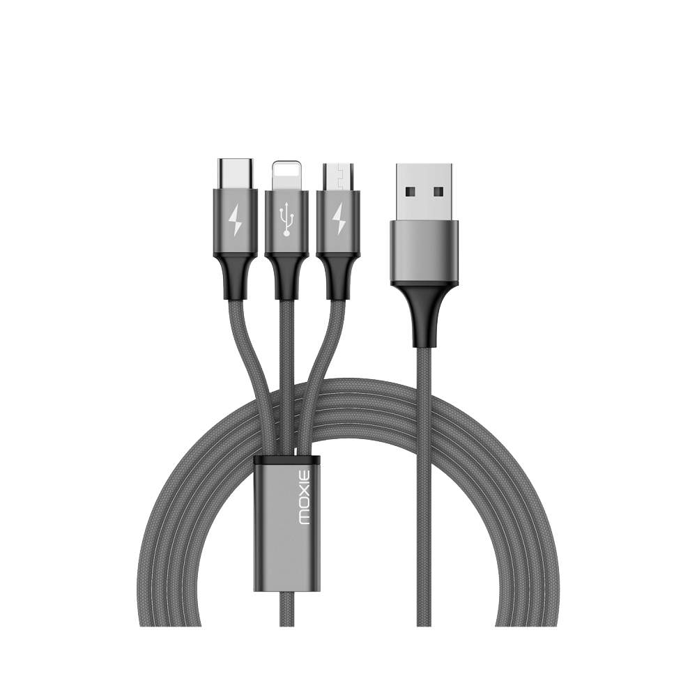 Moxie Câble 3 en 1  Lightning / Micro-USB / USB Type-C 3A 1.2M en Nylon tressé - Argent