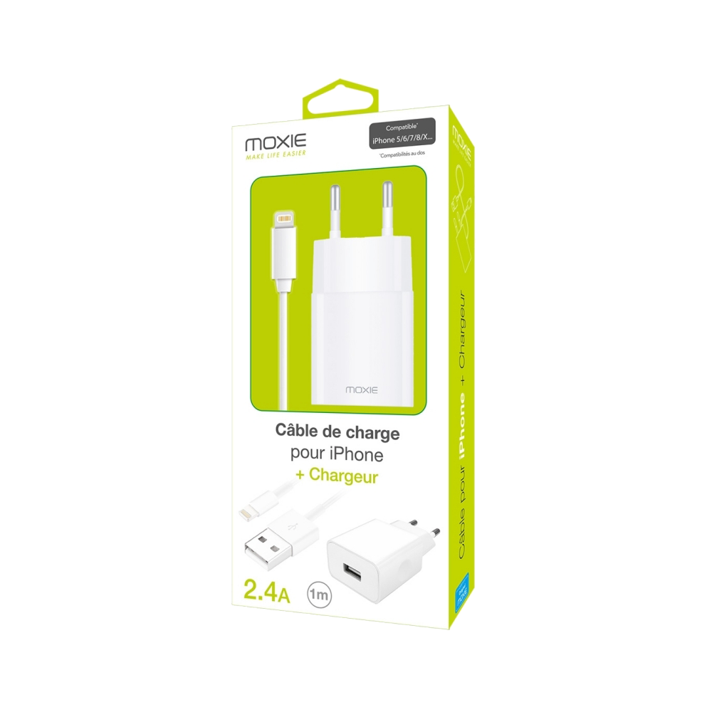 Pack chargeur secteur 2.4A + 1 câble lightning 1mètre - blanc