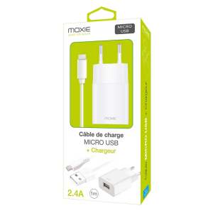 Pack chargeur secteur 2.4A + 1 câble Micro USB 1mètre - blanc