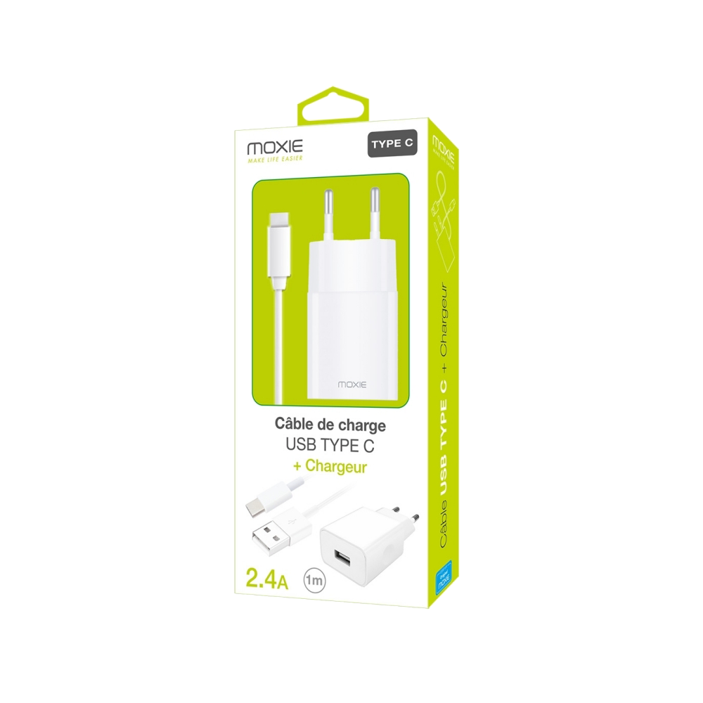 Pack chargeur secteur 2.4A + 1 câble Type-C 1mètre - blanc