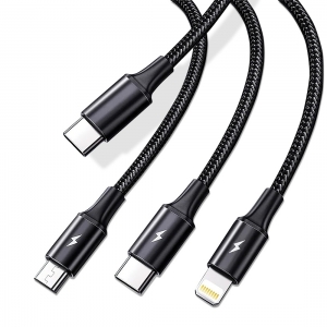 Câble data 3 en 1 en nylon tressé avec entrée Type C et sortie Lightning / Micro-USB / Type-C