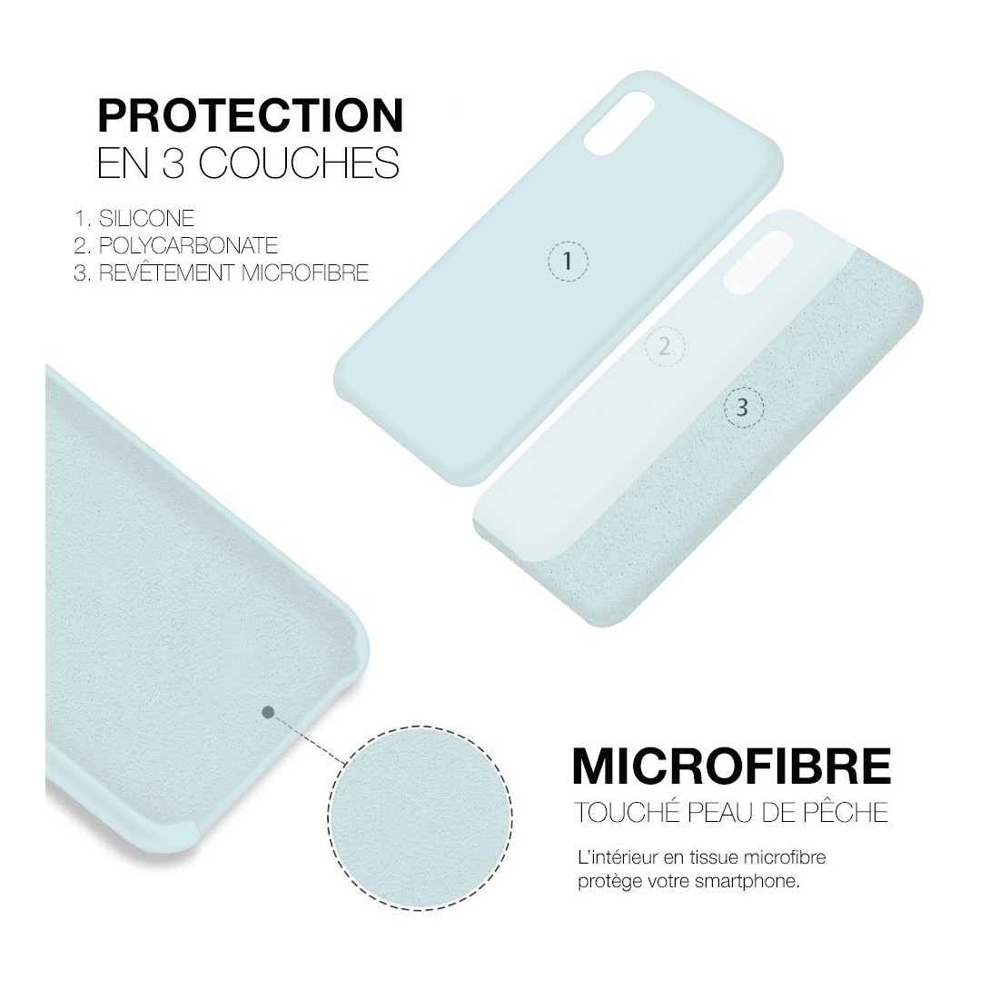 Coque Silicone Moxie BeFluo Fine et Légère pour iPhone, Intérieur Microfibre - Bleu glacier