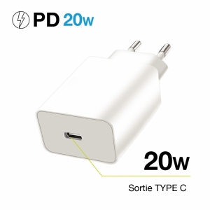 Chargeur Secteur entrée type-C Power delivery 20W + cable lightning vers type-C 1M - sous packaging