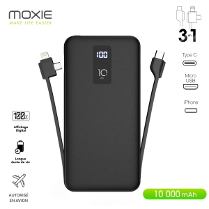 Powerbank 10000mAh Moxie PowerTrio x1 Micro-USB / Lightning, x1 USB Type-C- Noir