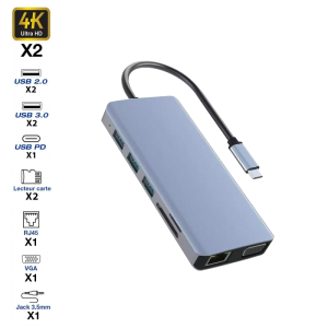 Hub USB-C vers 2 HDMI 4K/4 USB-A/1 USB-C/2 SD-TS/RJ45/VGA/jack