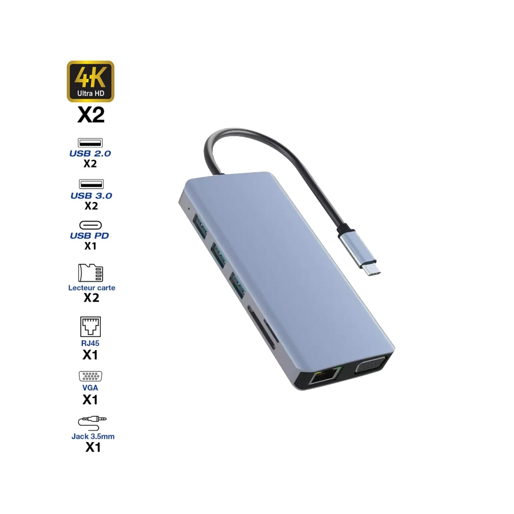 Hub USB-C vers 2 HDMI 4K/4 USB-A/1 USB-C/2 SD-TS/RJ45/VGA/jack