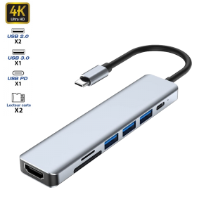 Hub USB-C vers HDMI 4K / 3 USB-A -/1 USB-C + 2 lecteurs carte