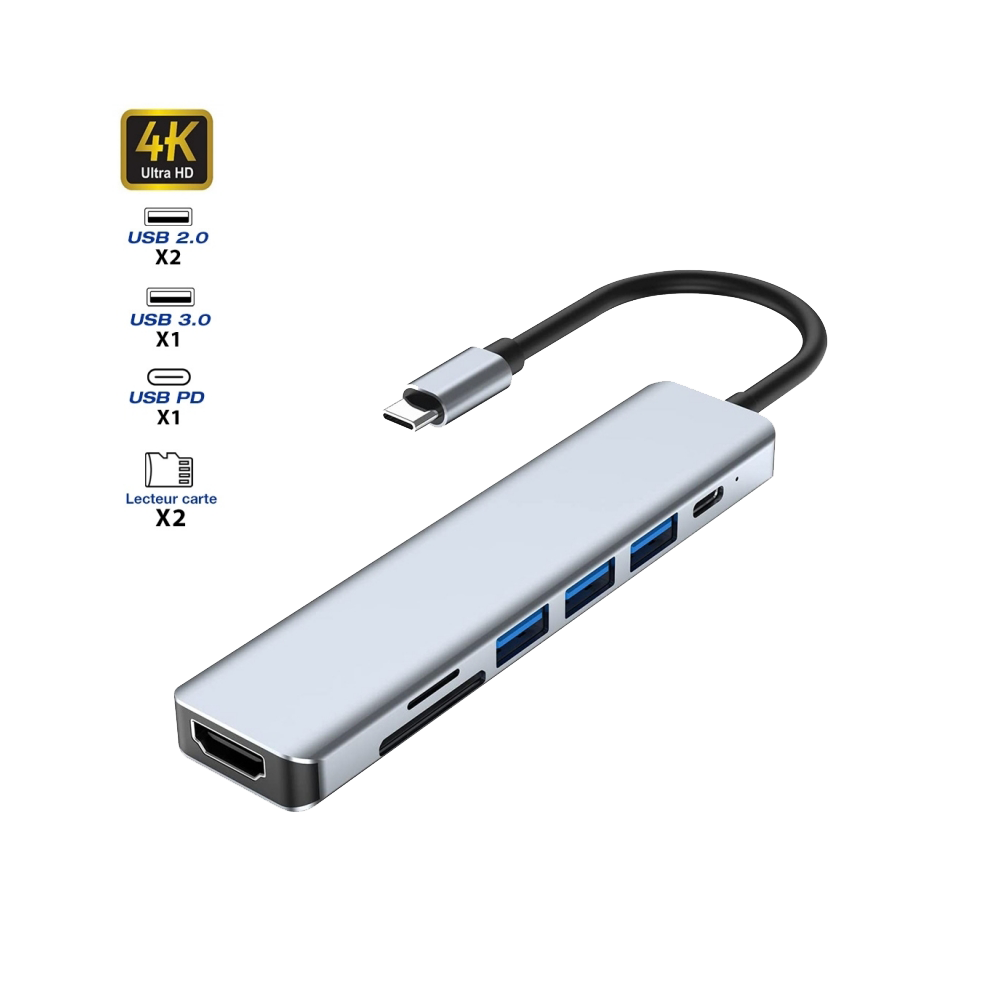 Hub USB-C vers HDMI 4K / 3 USB-A -/1 USB-C + 2 lecteurs carte