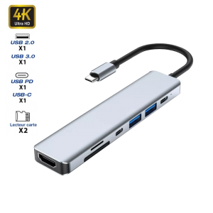 Hub USB-C vers HDMI 4K / 2 USB-A -/2 USB-C + 2 lecteurs carte