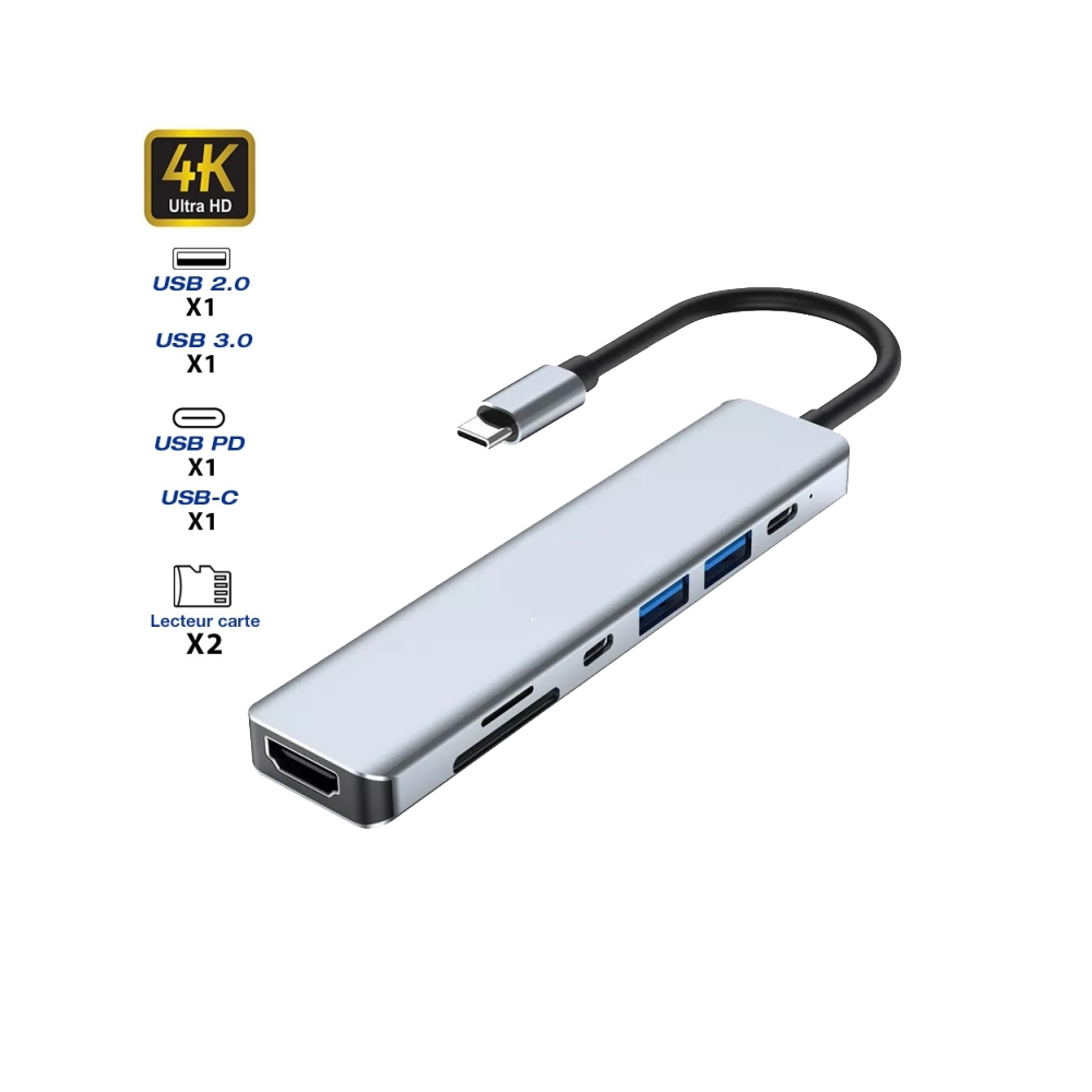 Hub USB-C vers HDMI 4K / 2 USB-A -/2 USB-C + 2 lecteurs carte