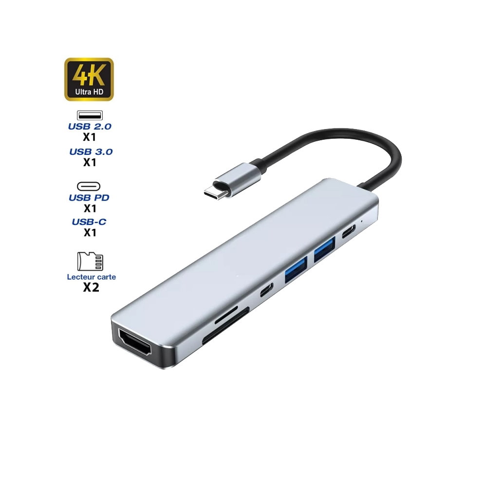 Hub USB-C vers HDMI 4K / 2 USB-A -/2 USB-C + 2 lecteurs