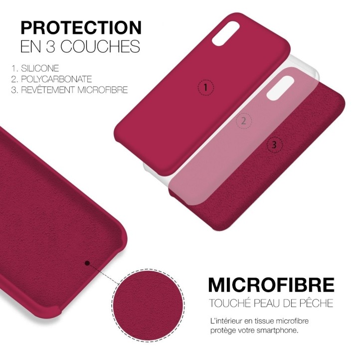 Coque Silicone Moxie BeFluo Fine et Légère pour iPhone, Intérieur Microfibre - Framboise